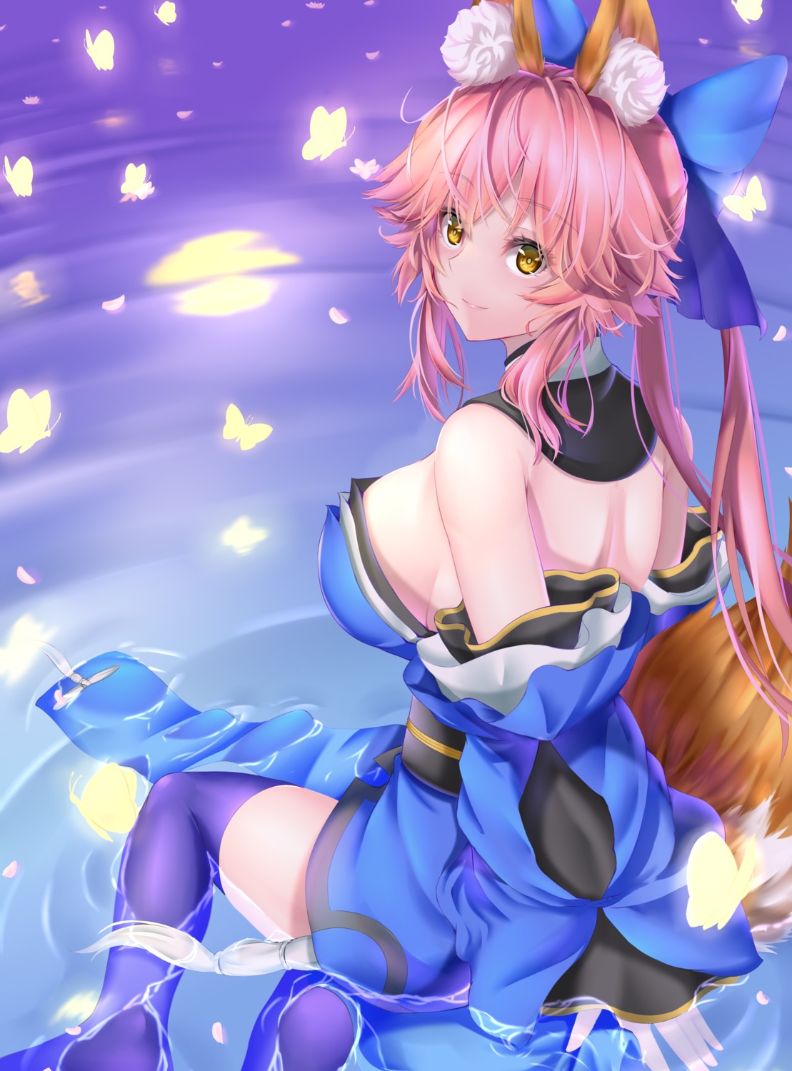 animal_ears fate/grand_order japanese_clothes kamehito kitsune no_bra tail tamamo_no_mae thighhighs wet