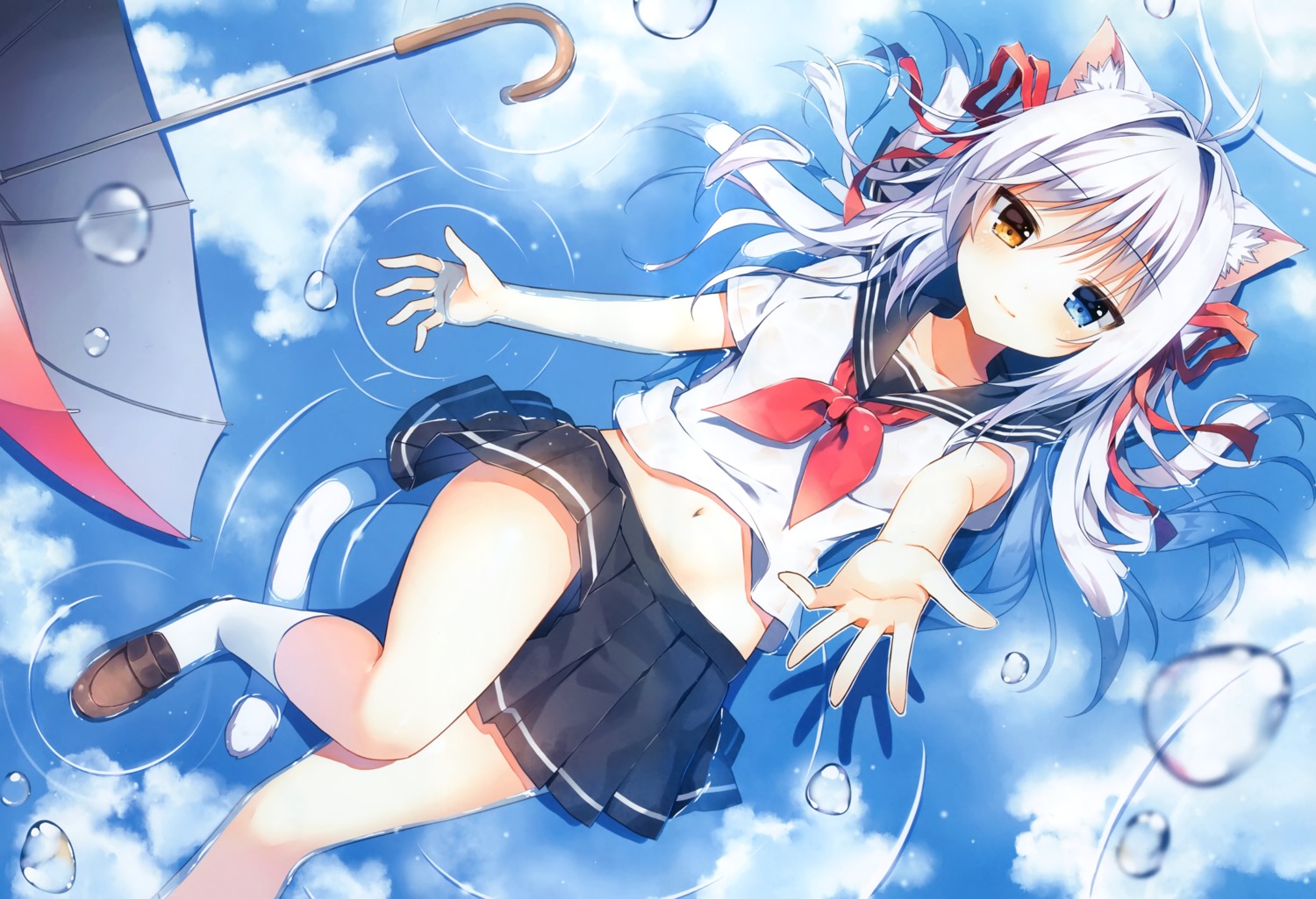 aina_rive animal_ears heterochromia mauve nekomimi seifuku tail umbrella wata★punch wet