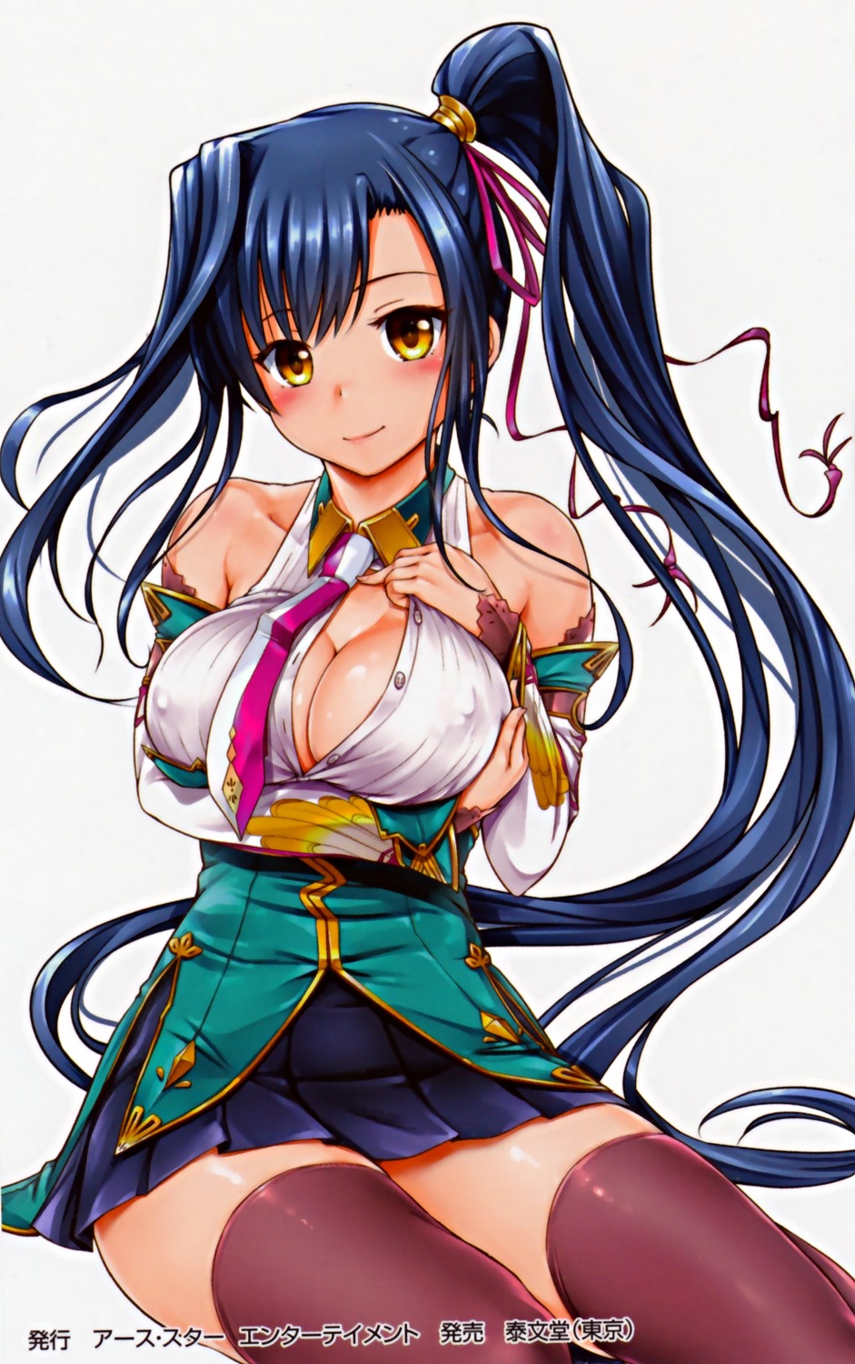 breast_hold cleavage erect_nipples ganari_ryuu kanu koihime_musou no_bra open_shirt thighhighs