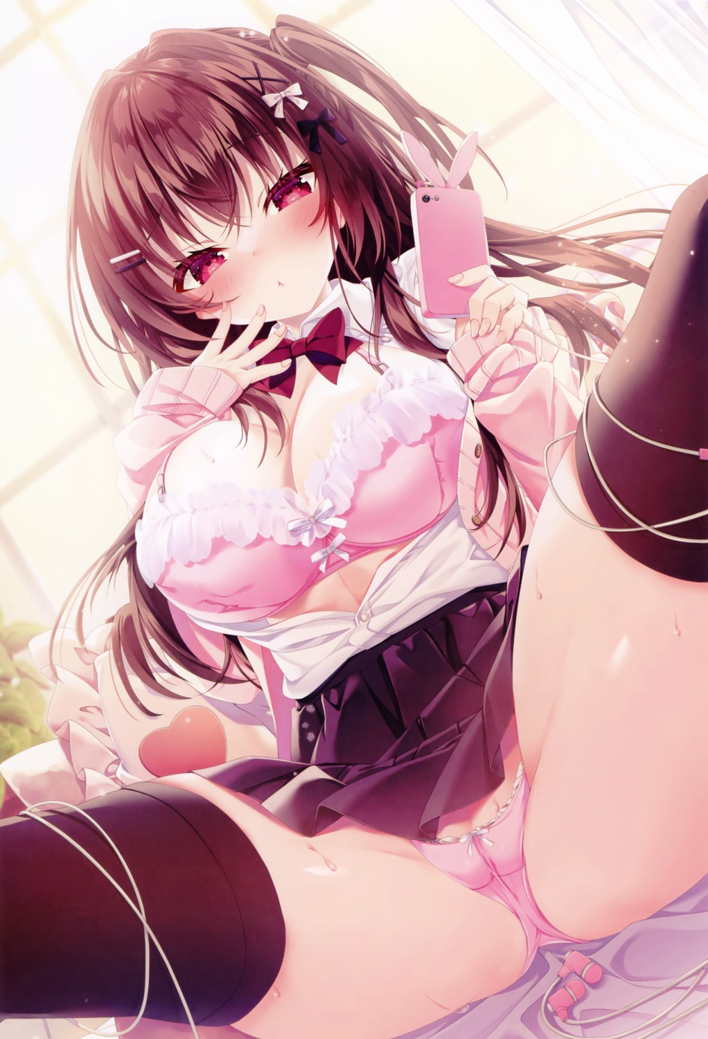 bra cameltoe open_shirt pantsu pussy seifuku shiromochi_sakura skirt_lift sweater thighhighs