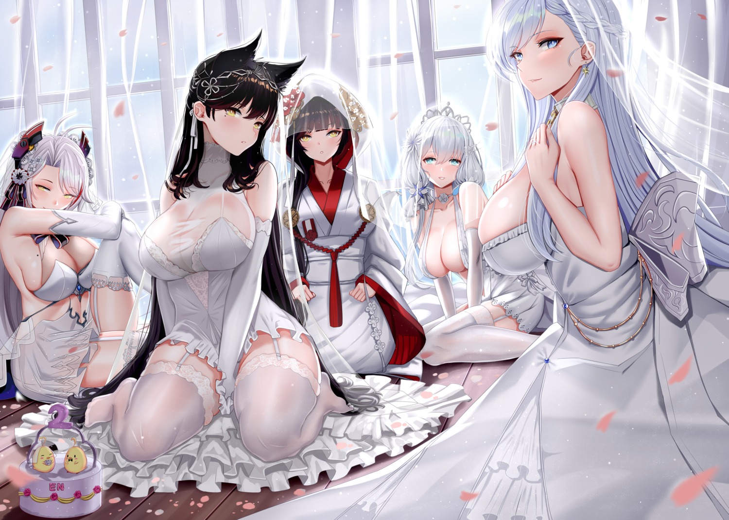 animal_ears atago_(azur_lane) azur_lane belfast_(azur_lane) dress illustrious_(azur_lane) japanese_clothes manjuu_(azur_lane) no_bra open_shirt piukute062 prinz_eugen_(azur_lane) see_through stockings takao_(azur_lane) thighhighs wedding_dress