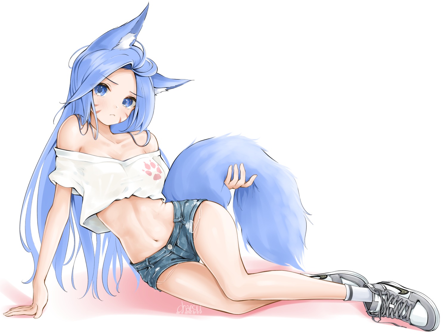 animal_ears chaesu kitsune minah_(chaesu) no_bra tail