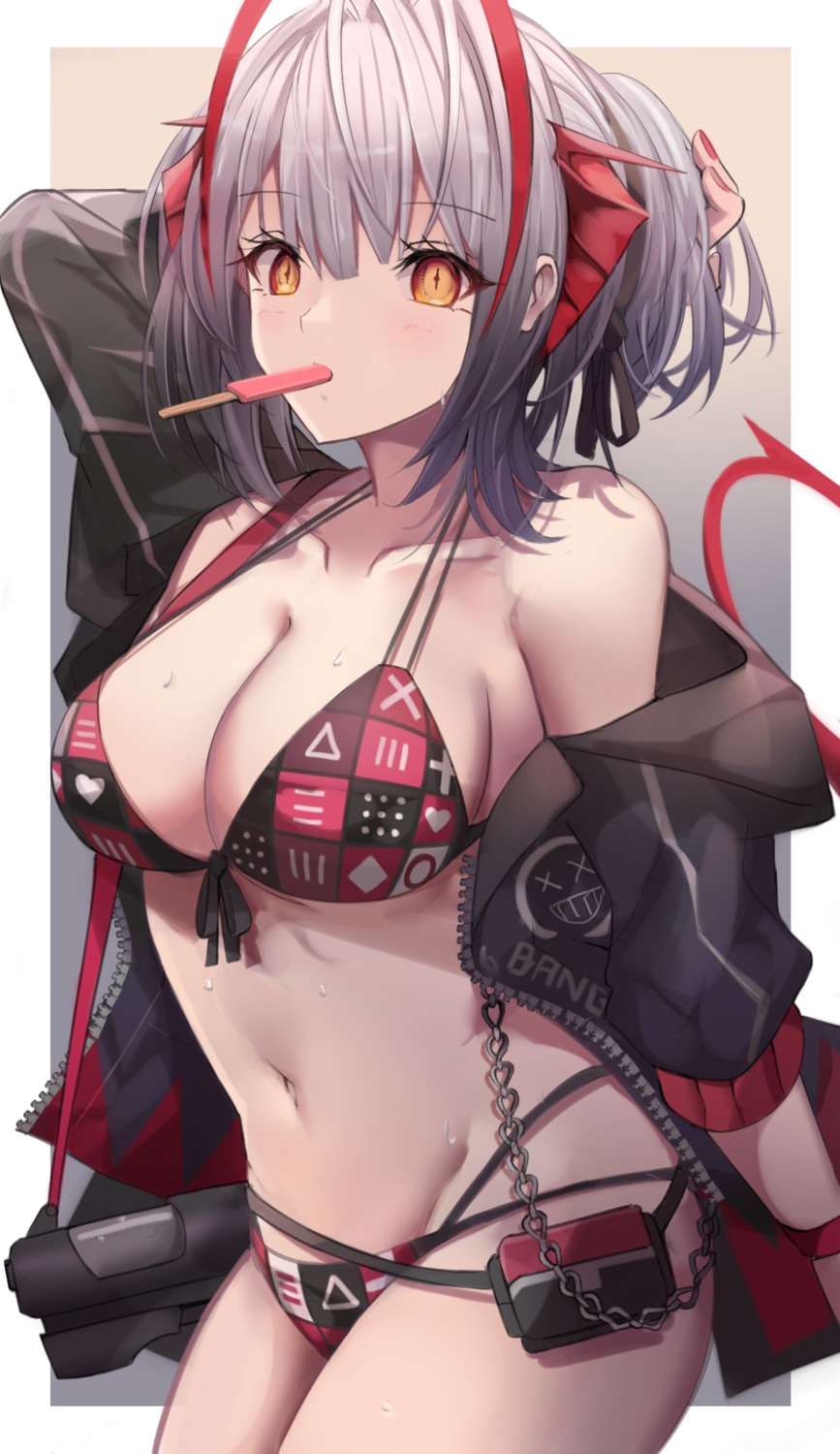 arknights bikini horns open_shirt stratoz swimsuits tail w_(arknights)