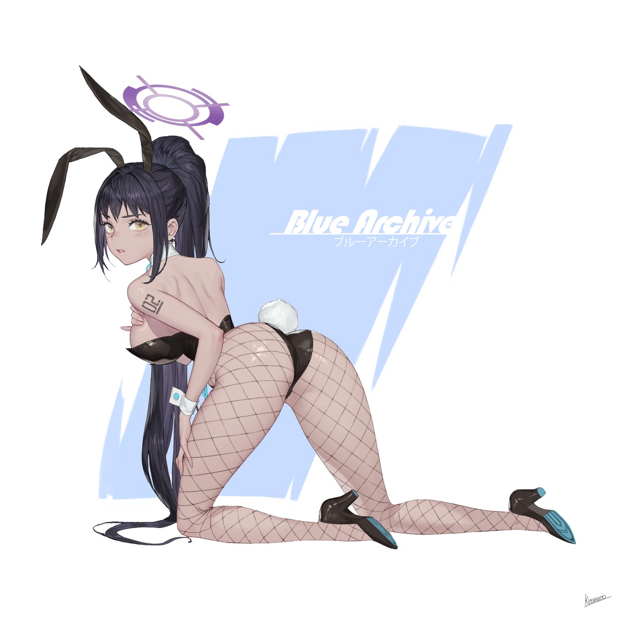 animal_ears ass blue_archive breast_hold bunny_ears bunny_girl fishnets halo heels kakudate_karin ki_min-woo no_bra pantyhose tail tattoo