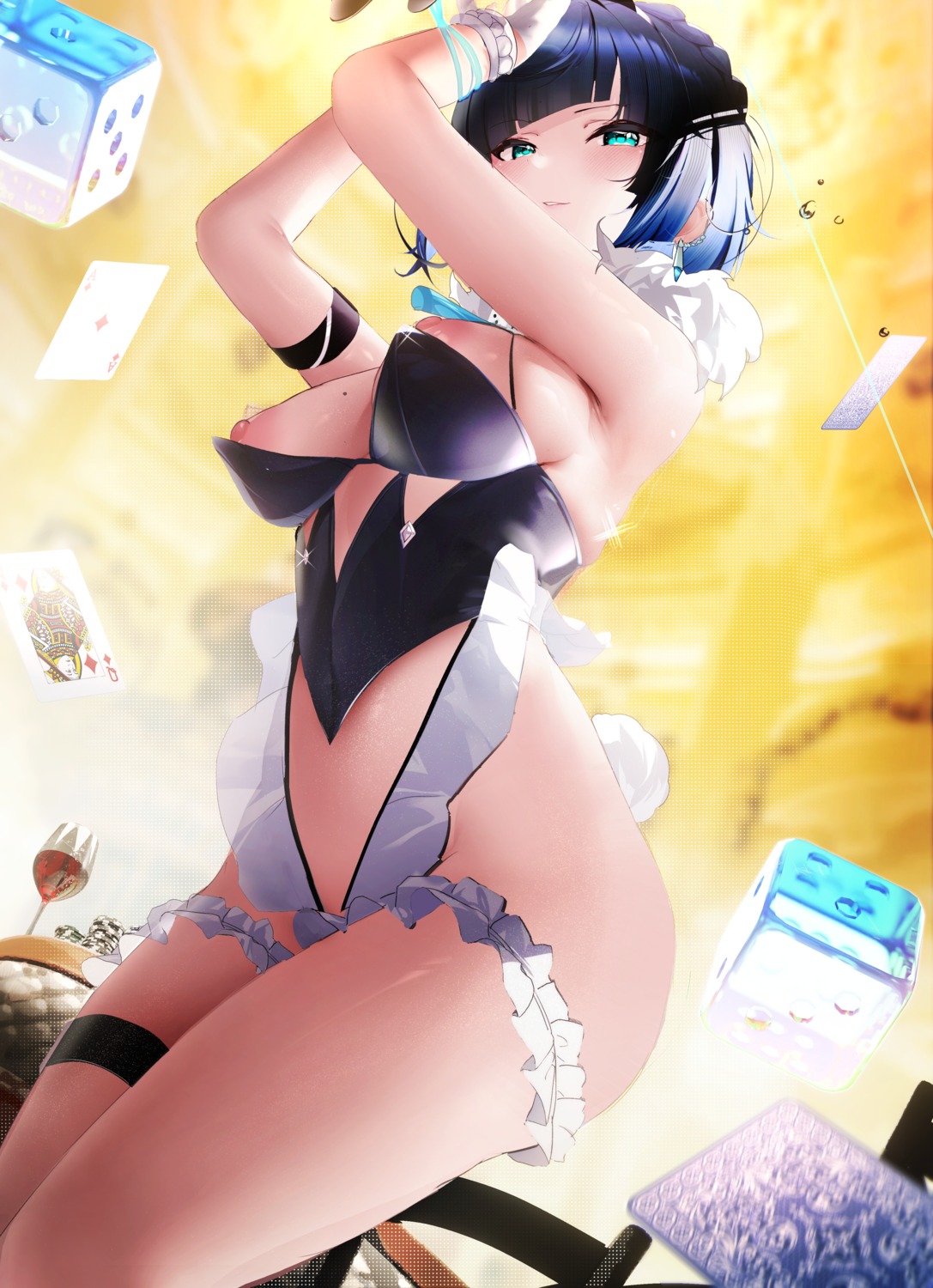 animal_ears bunny_ears bunny_girl fantongjun garter genshin_impact nipples no_bra nopan see_through tail yelan