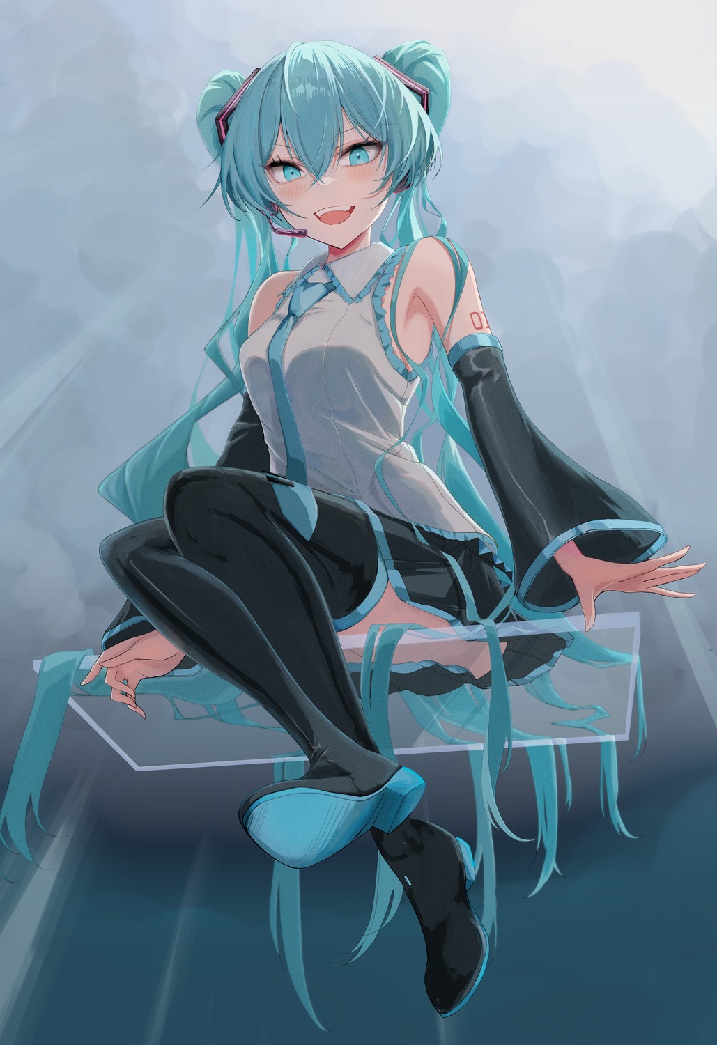 hatsune_miku headphones kawasuru_(15miclon) skirt_lift tattoo thighhighs vocaloid