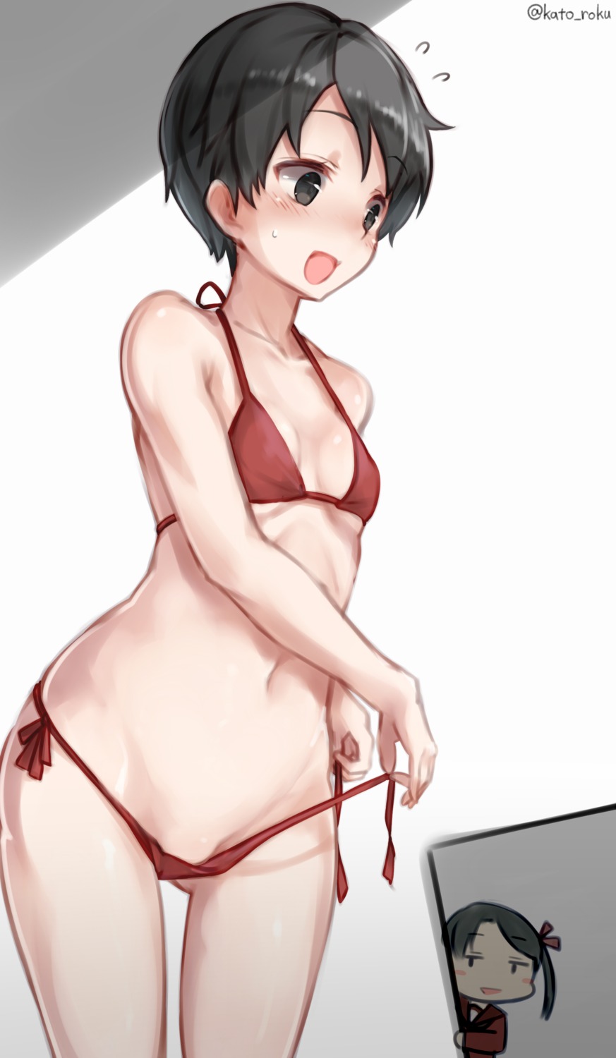 bikini kantai_collection kato_roku mikuma_(kancolle) mogami_(kancolle) panty_pull swimsuits