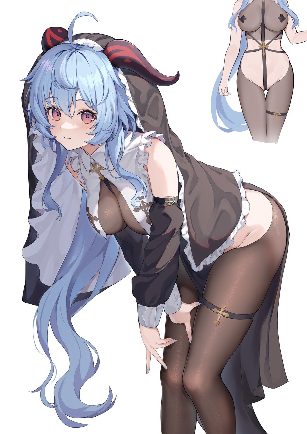 ganyu garter genshin_impact horns kizuna no_bra nopan nun pantyhose pasties