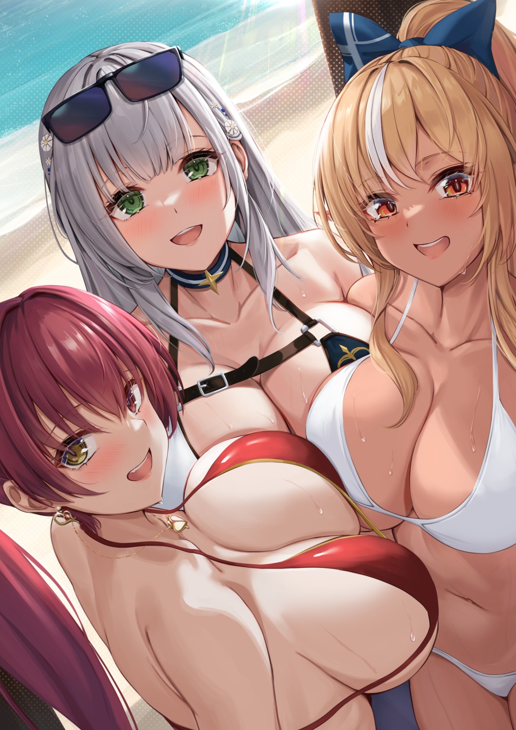 bikini bikini_top elf heterochromia hololive houshou_marine kuutamo megane pointy_ears shiranui_flare shirogane_noel swimsuits symmetrical_docking wet