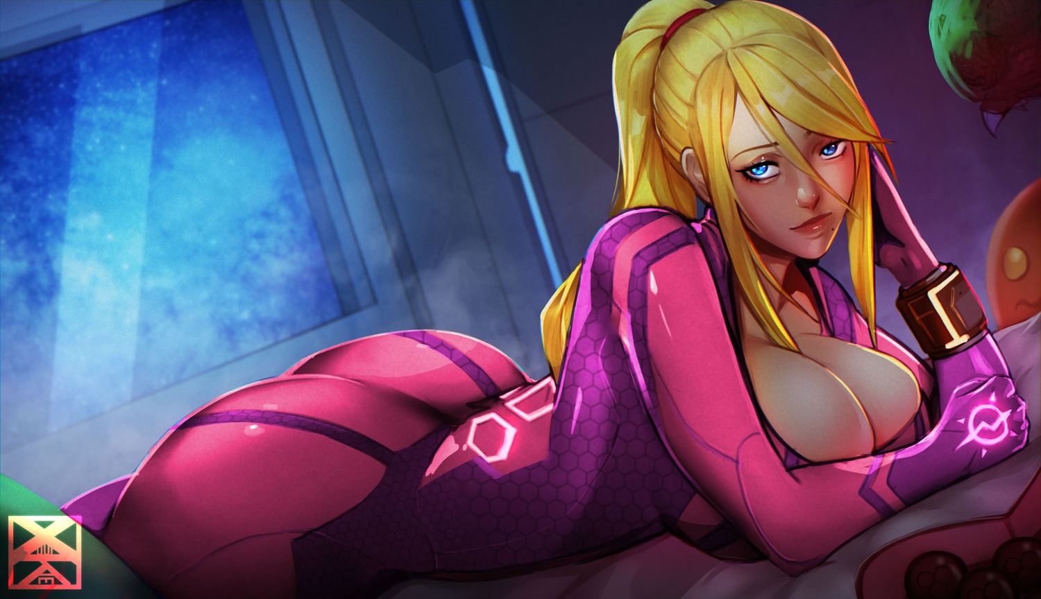 ass bodysuit metroid metroid_(creature) no_bra open_shirt samus_aran valentine xuuikie_ashe