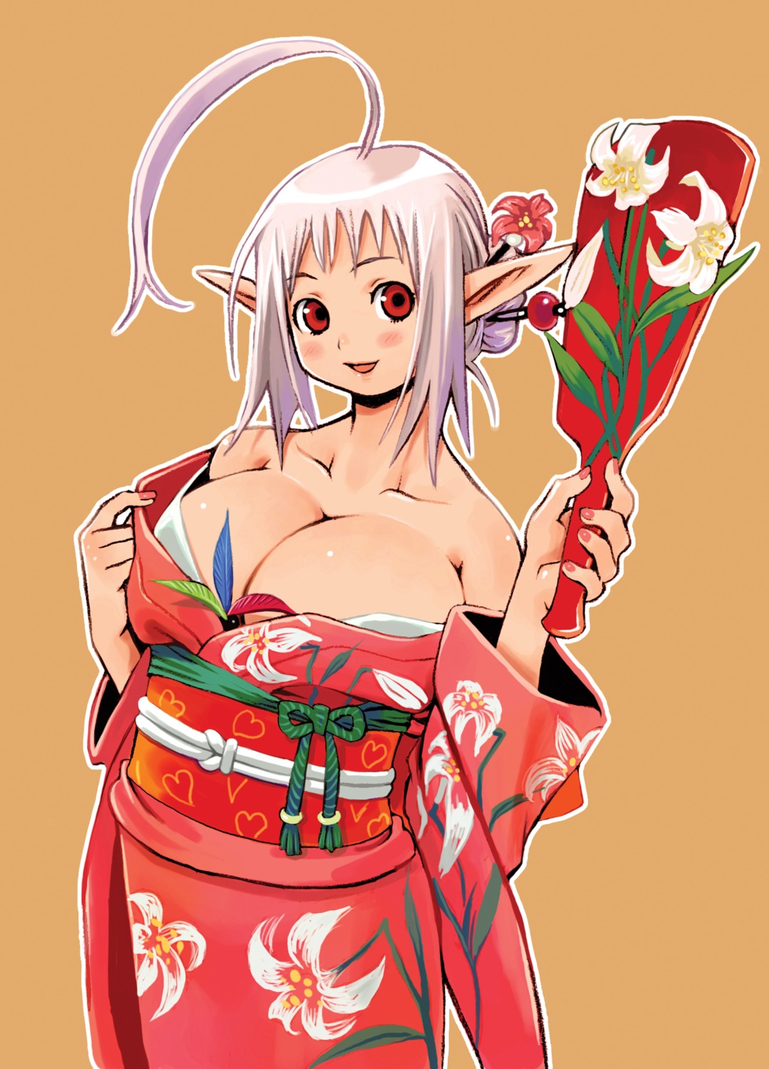cleavage elf kimono nomura_ryouji pointy_ears