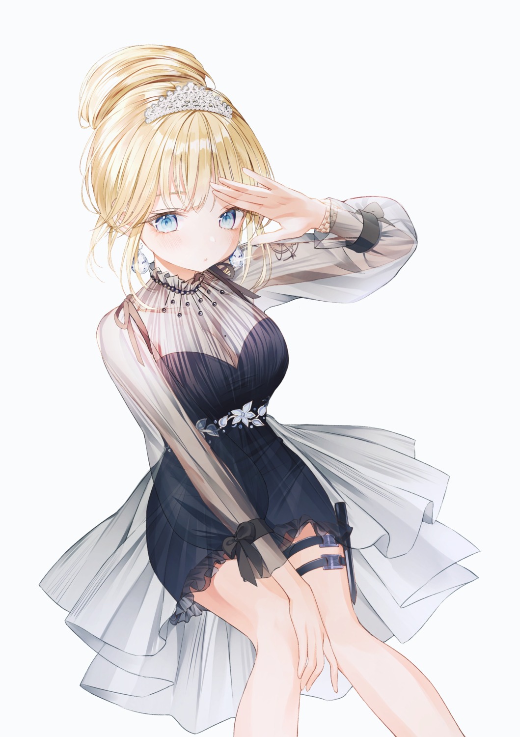 cleavage dress garter hololive hololive_english nabi_(uz02) see_through watson_amelia weapon