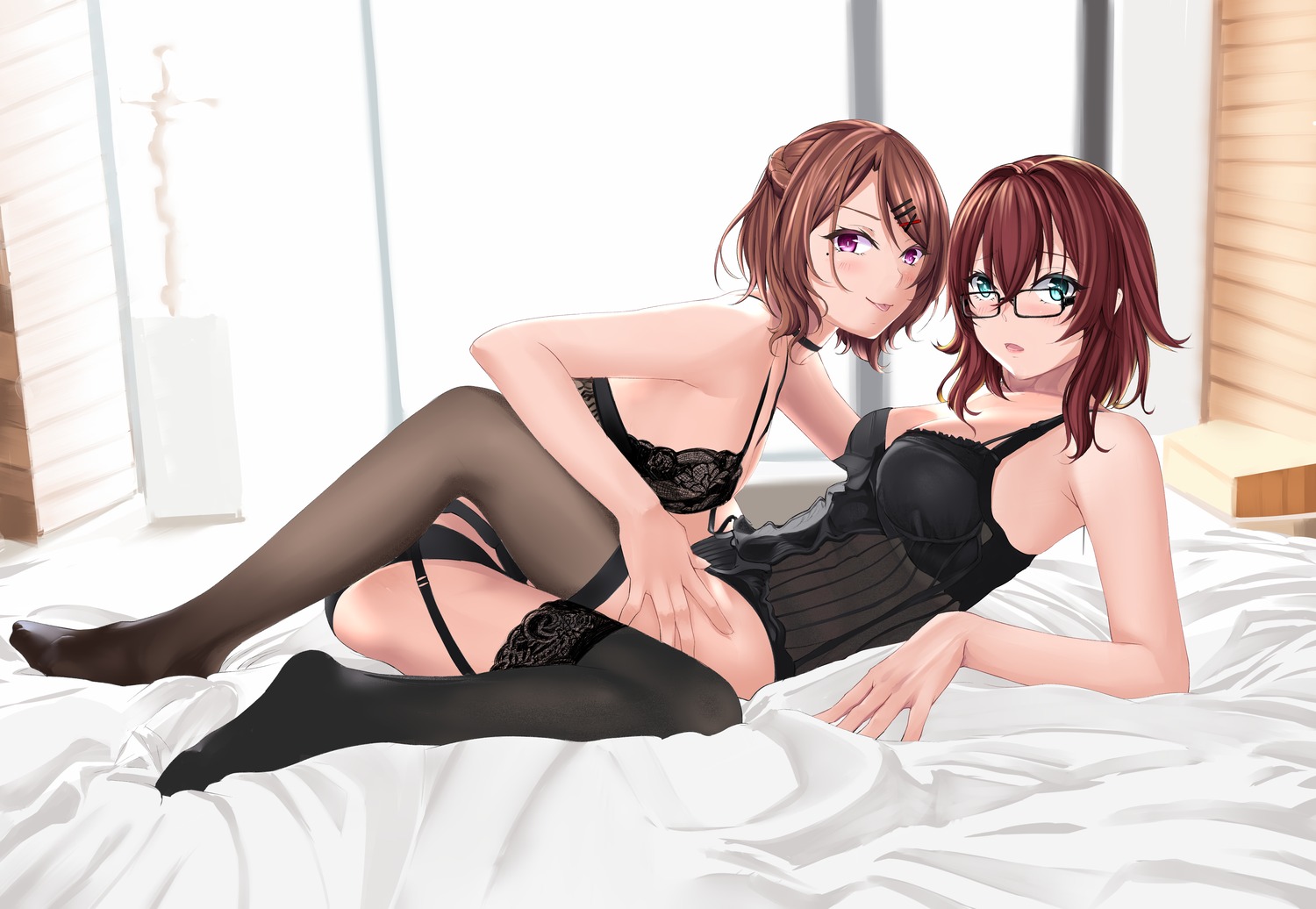 bra cnfs garter_belt lingerie megane pantsu see_through stockings thighhighs yuri