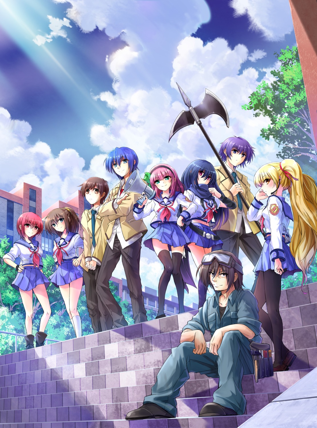 angel_beats! chaa_(angel_beats!) fuchita_hisako hinata_hideki iwasawa_masami nakamura_yuri noda ooyama pantyhose seifuku shiina tazu thighhighs weapon yusa