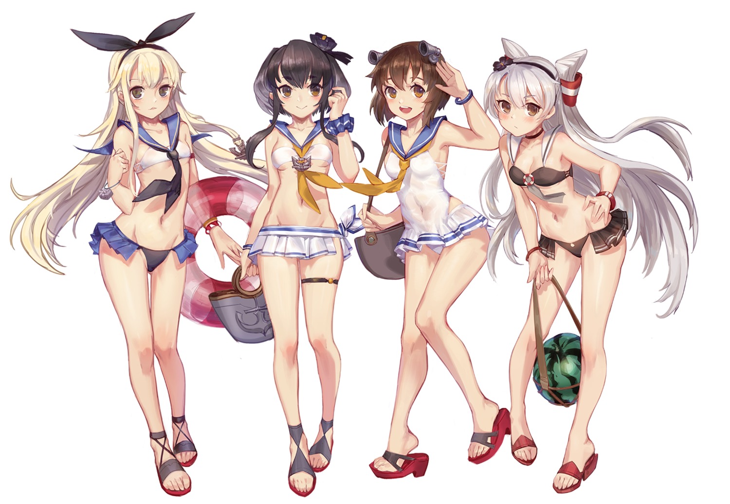 amatsukaze_(kancolle) bikini cleavage garter heels kantai_collection nemo_(leafnight) see_through shimakaze_(kancolle) swimsuits tokitsukaze_(kancolle) underboob yukikaze_(kancolle)