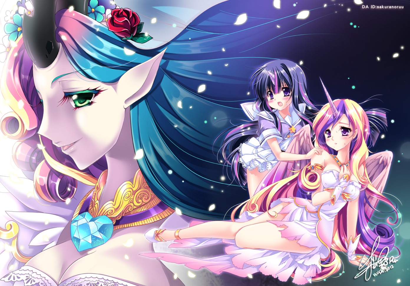 anthropomorphization breast_hold cleavage dress elf erect_nipples horns my_little_pony my_little_pony:_friendship_is_magic pointy_ears princess_cadance queen_chrysalis sakurano_ruu seifuku torn_clothes twilight_sparkle wings