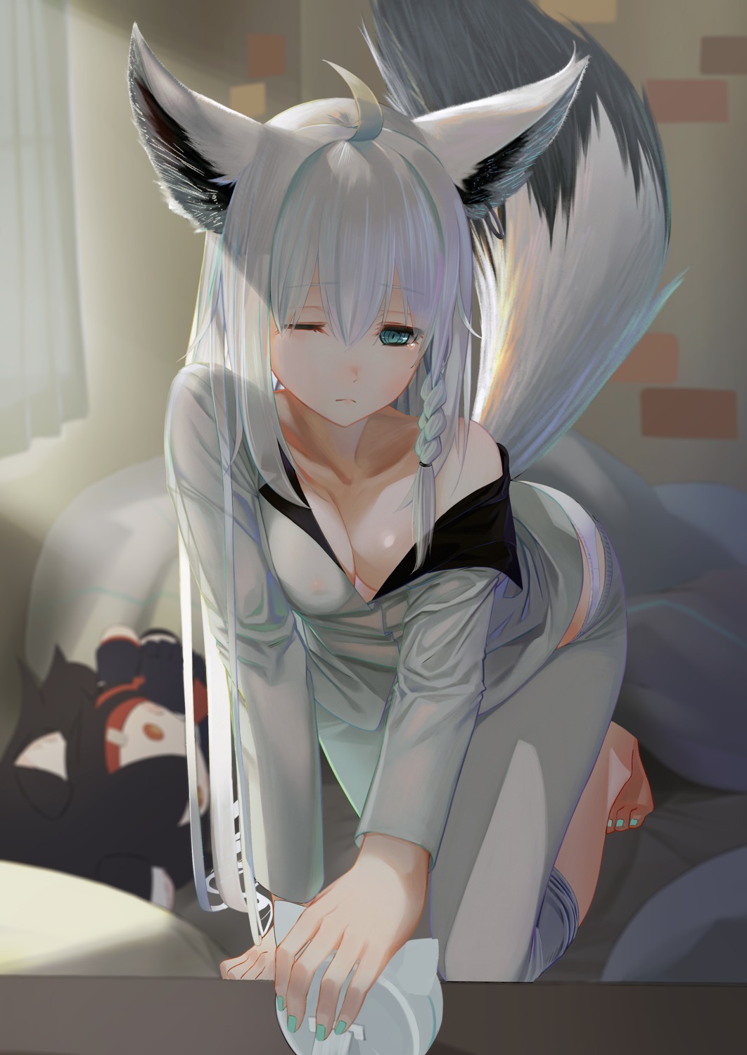 animal_ears areola hololive hololive_gamers kitsune me/r no_bra open_shirt pantsu see_through shirakami_fubuki tail