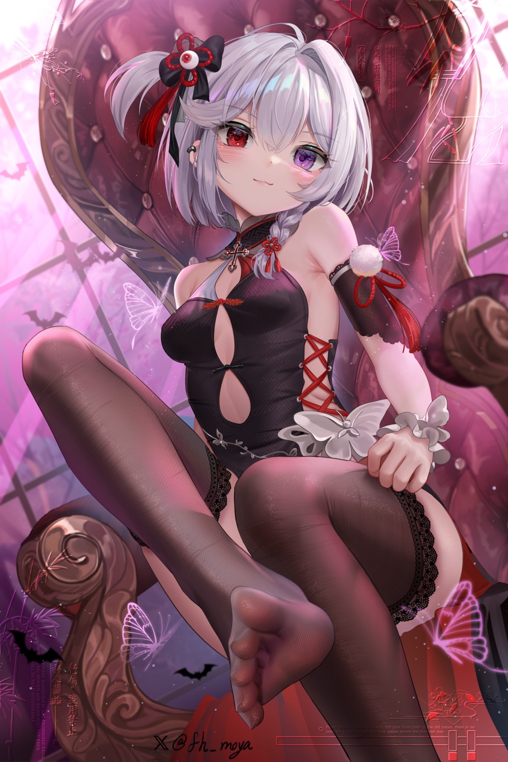 feet heterochromia moya_(pixiv6121219) no_bra thighhighs watermark