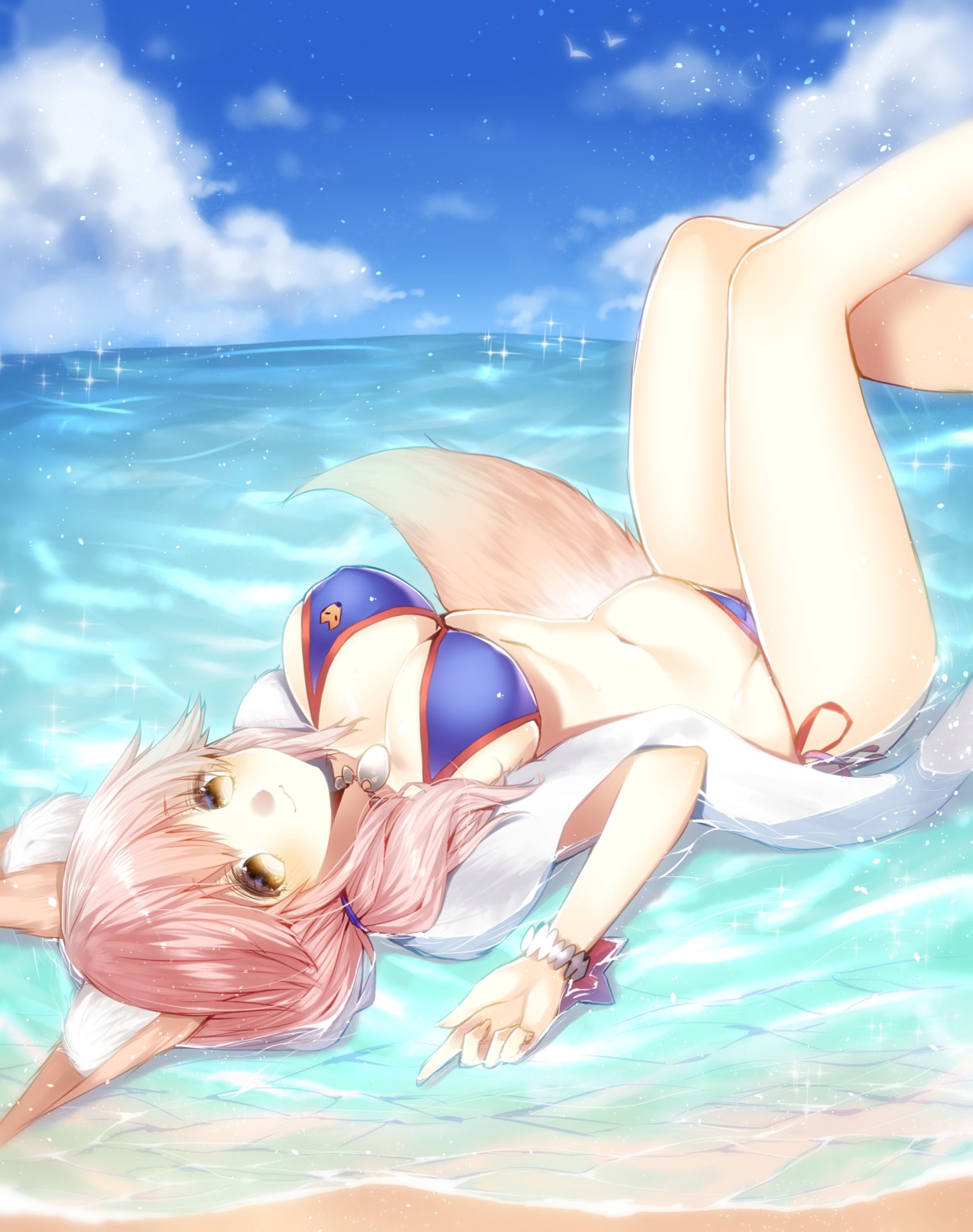 animal_ears bikini cleavage erect_nipples fate/extra fate/grand_order fate/stay_night kitsune swimsuits tail tamamo_no_mae tobuchi wet