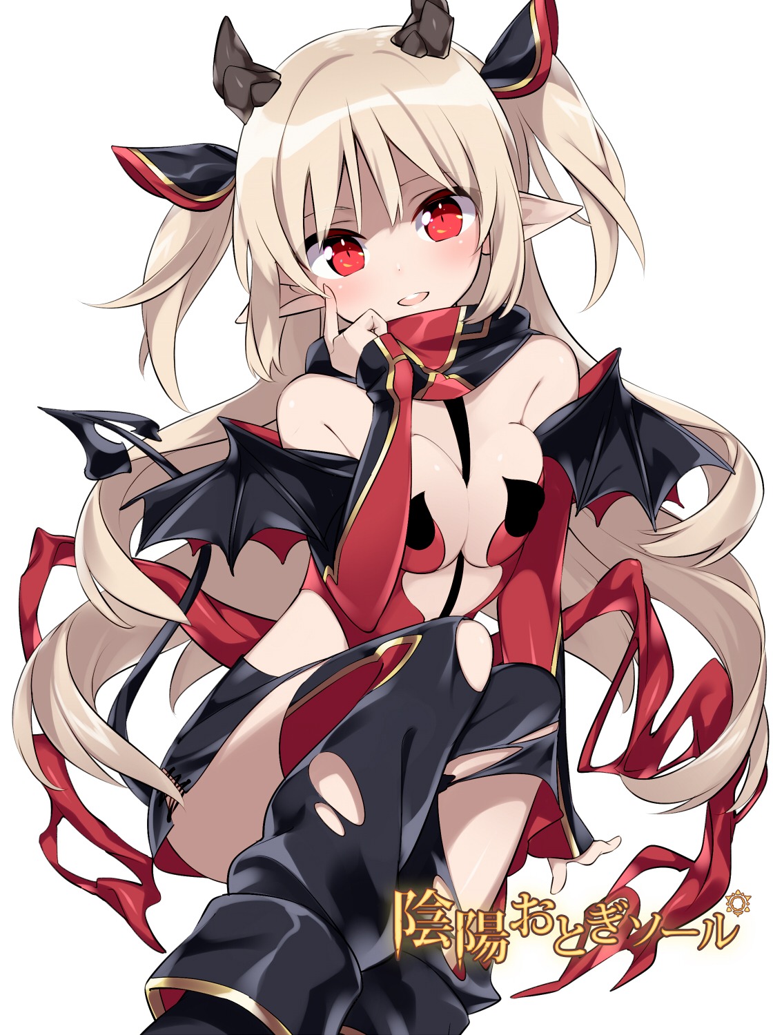 horns no_bra otogi_spirit_agents pointy_ears sama tail thighhighs torn_clothes
