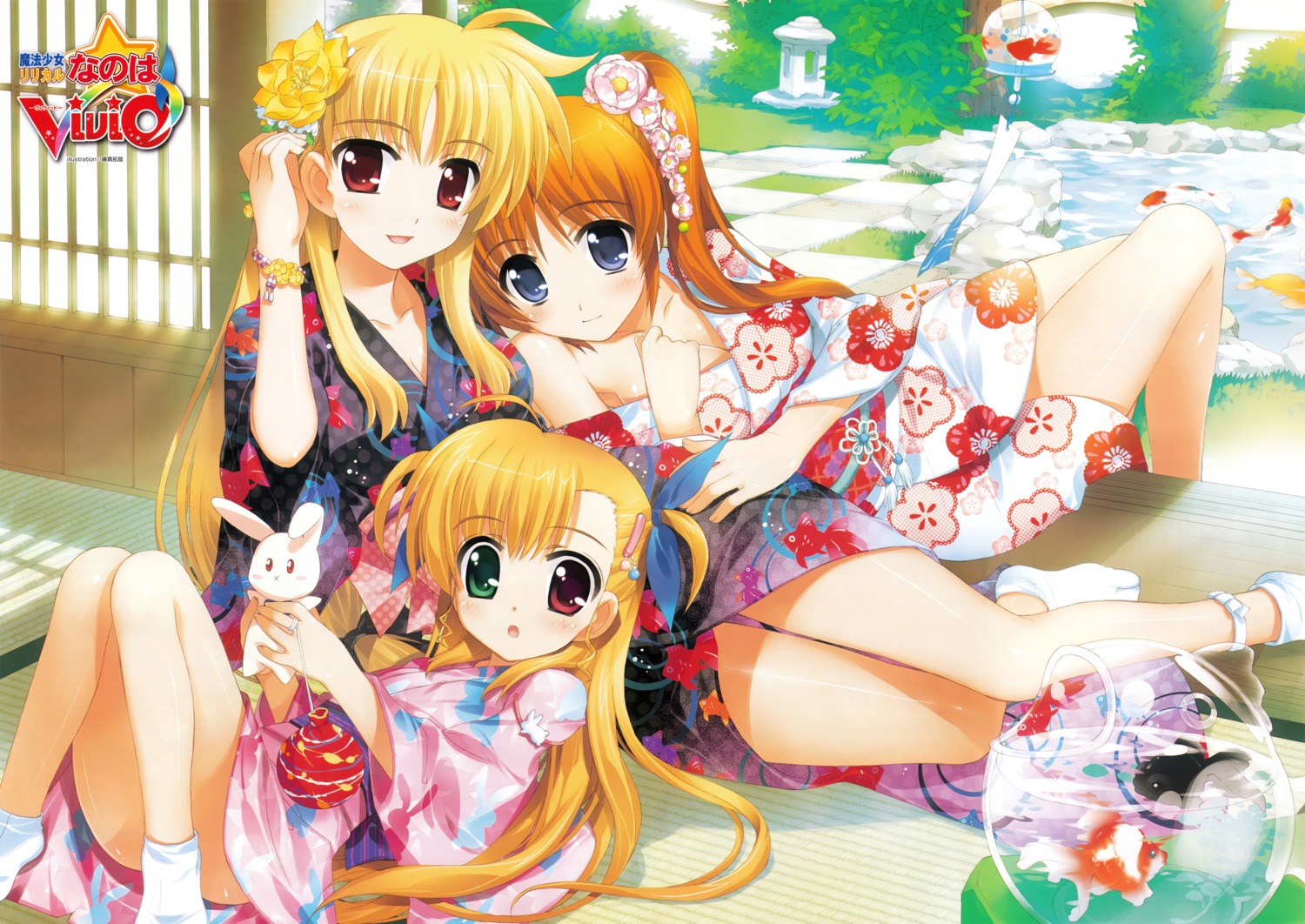 cleavage fate_testarossa fujima_takuya heterochromia mahou_shoujo_lyrical_nanoha mahou_shoujo_lyrical_nanoha_vivid takamachi_nanoha vivio yukata