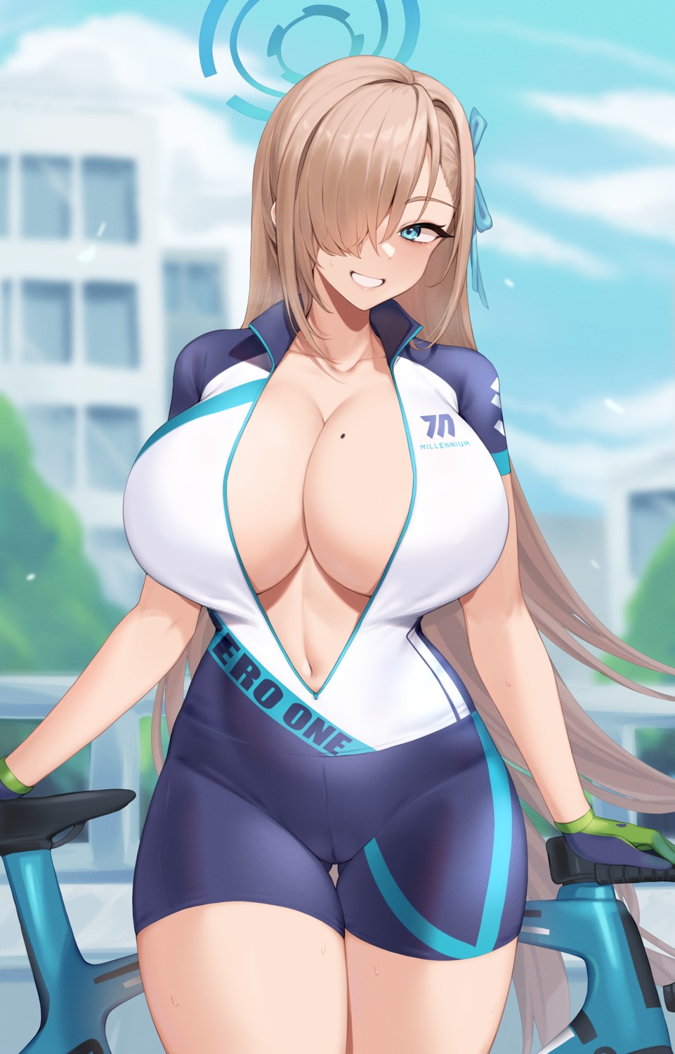 bike_shorts blue_archive cameltoe cosplay halo ichinose_asuna kuavera no_bra open_shirt sunaookami_shiroko