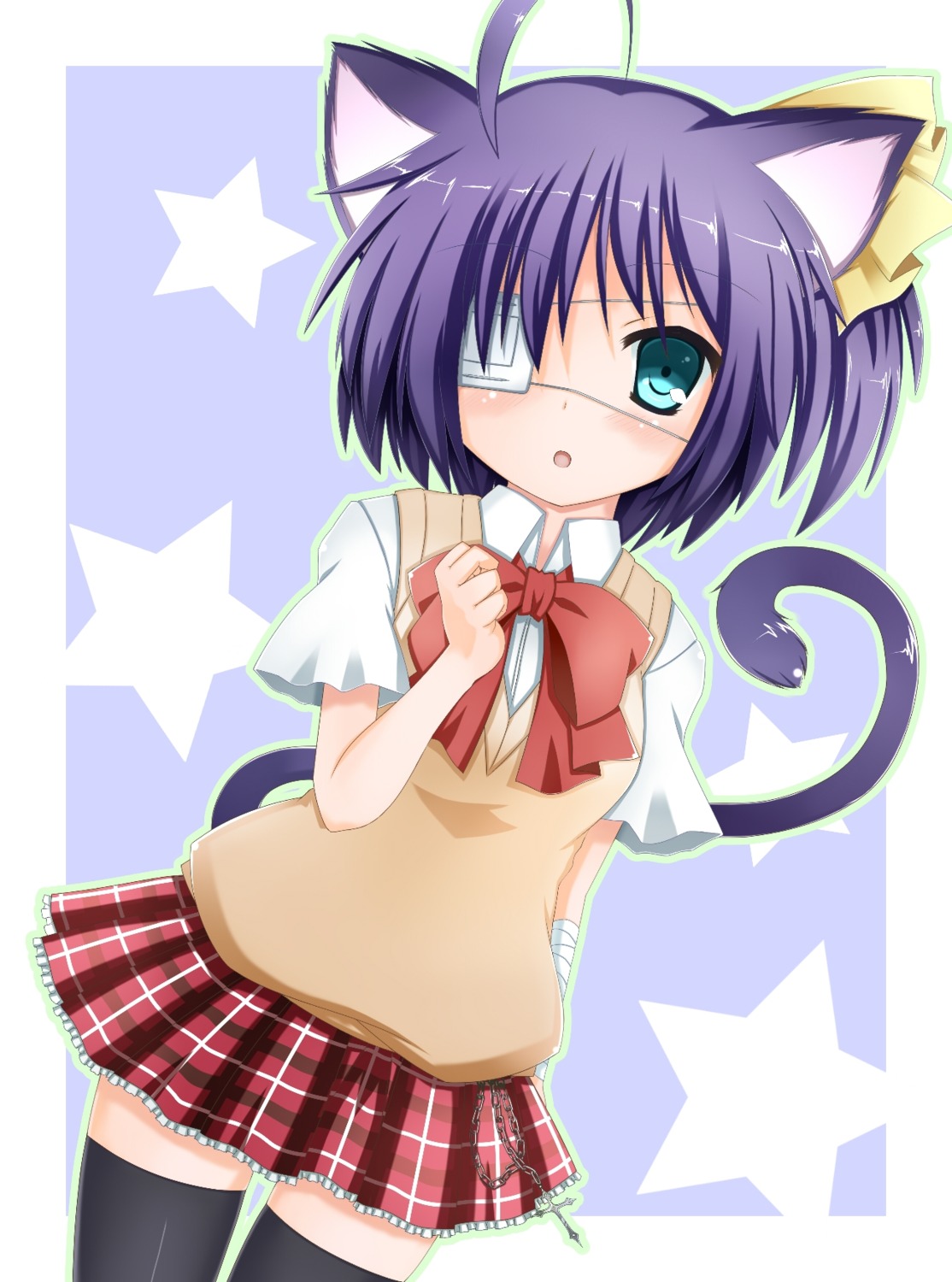 animal_ears bandages chuunibyou_demo_koi_ga_shitai! eyepatch nekomimi seifuku shinhoya tail takanashi_rikka thighhighs