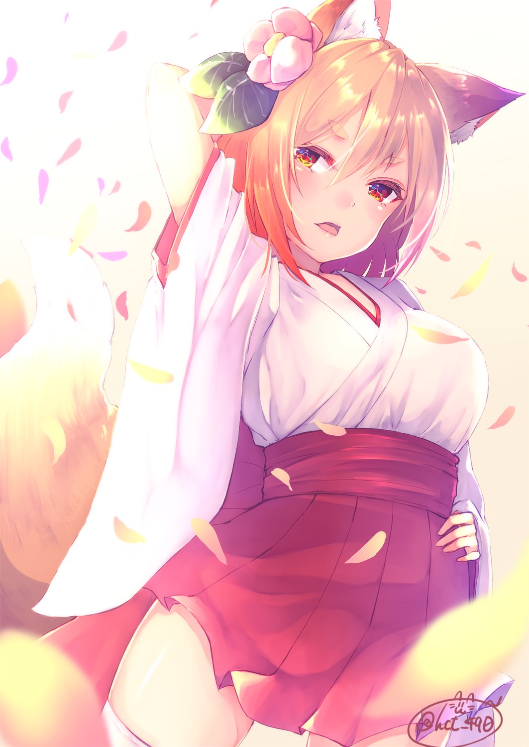 animal_ears chita_(ketchup) kitsune miko tail thighhighs