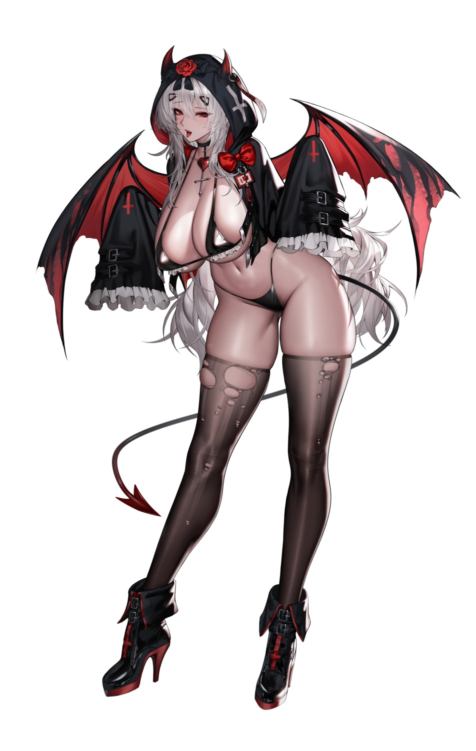 bikini devil heels horns open_shirt rib_(rib_delesetong) swimsuits tail thighhighs thong torn_clothes wings