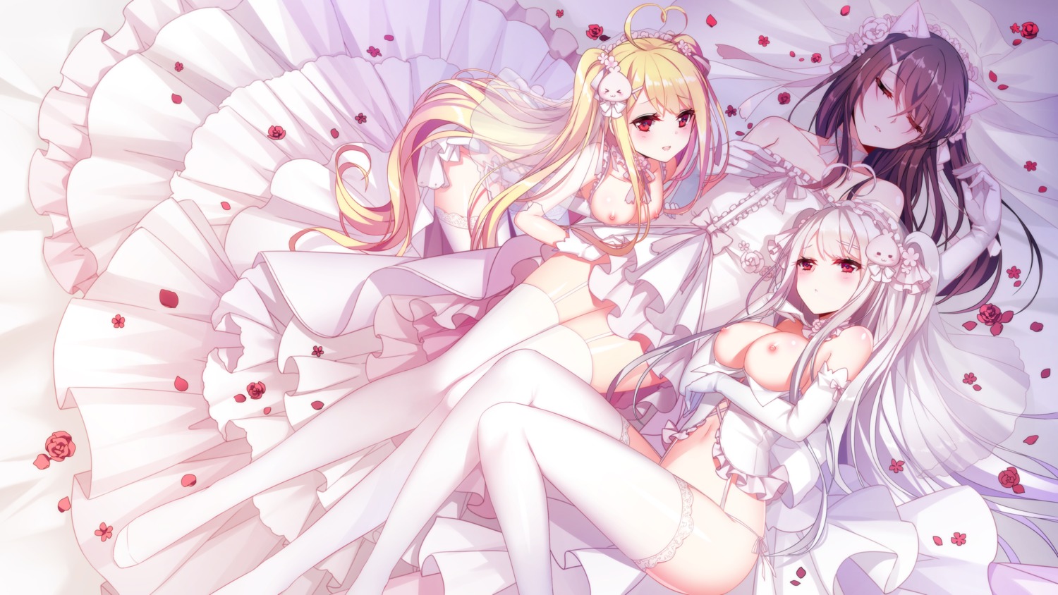 animal_ears breasts dress kurohanya nekomimi niliu_chahui nipples no_bra open_shirt pantsu see_through stockings string_panties thighhighs tokisaki_asaba tokisaki_mio wedding_dress