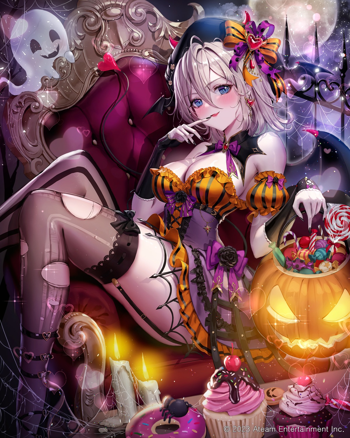 devil halloween horns jademoon no_bra stockings tail thighhighs torn_clothes wings