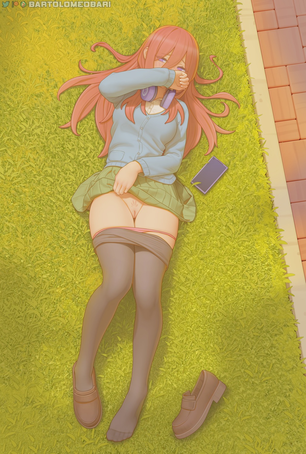 5-toubun_no_hanayome bartolomeobari headphones nakano_miku pantsu panty_pull pantyhose pubic_hair pussy seifuku skirt_lift sweater uncensored