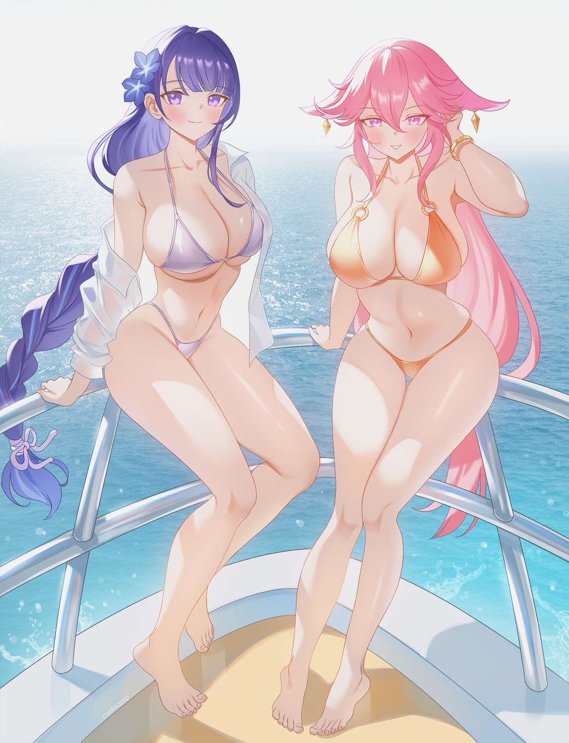 animal_ears bikini dress_shirt genshin_impact kitsune open_shirt raiden_shogun see_through swimsuits yae_miko zzo_(chorizzzzo)