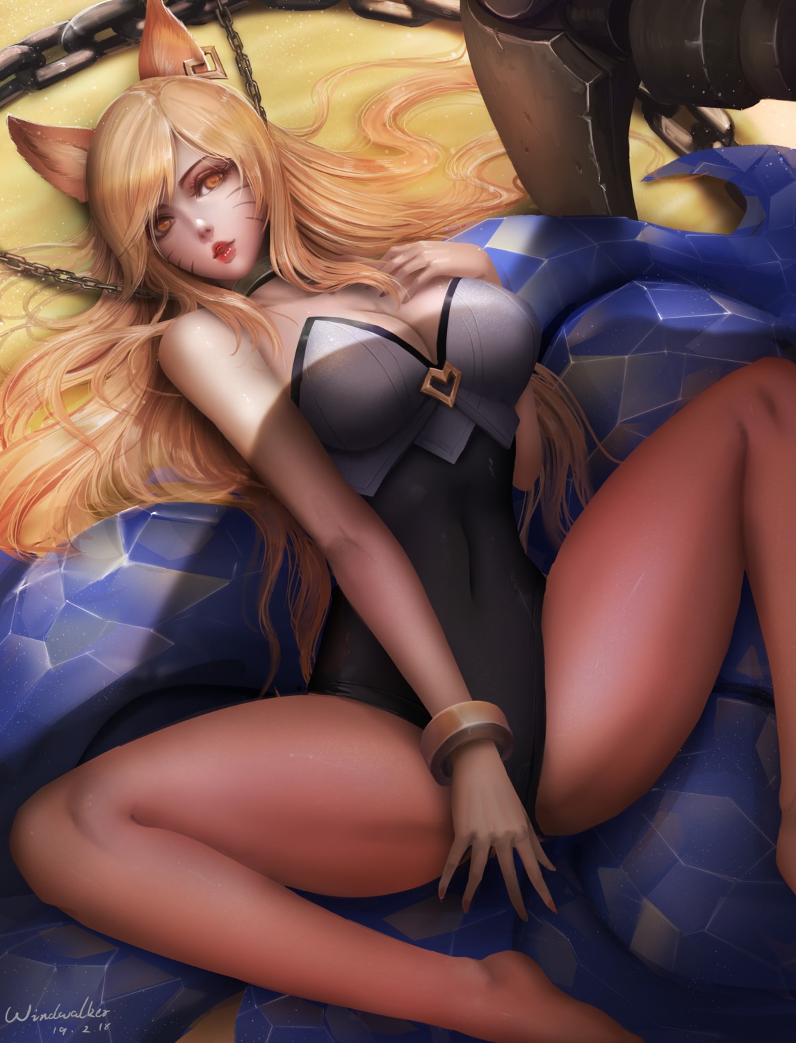 ahri animal_ears bondage kitsune league_of_legends leotard no_bra tail windwalker