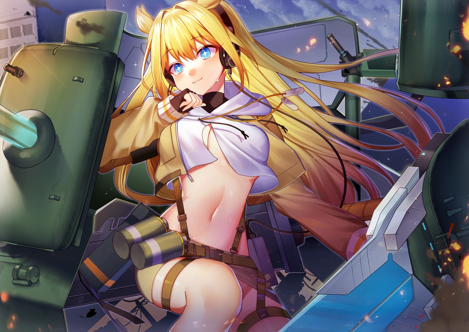 ash_arms cleavage garter headphones ion_(on01e) no_bra open_shirt