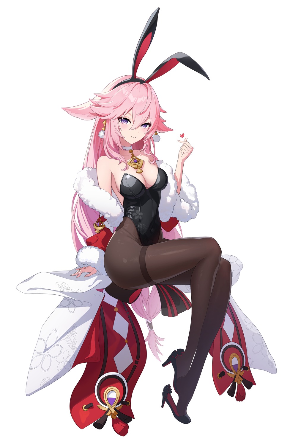 animal_ears bunny_ears bunny_girl genshin_impact heels japanese_clothes kitsune kkumang no_bra pantyhose yae_miko