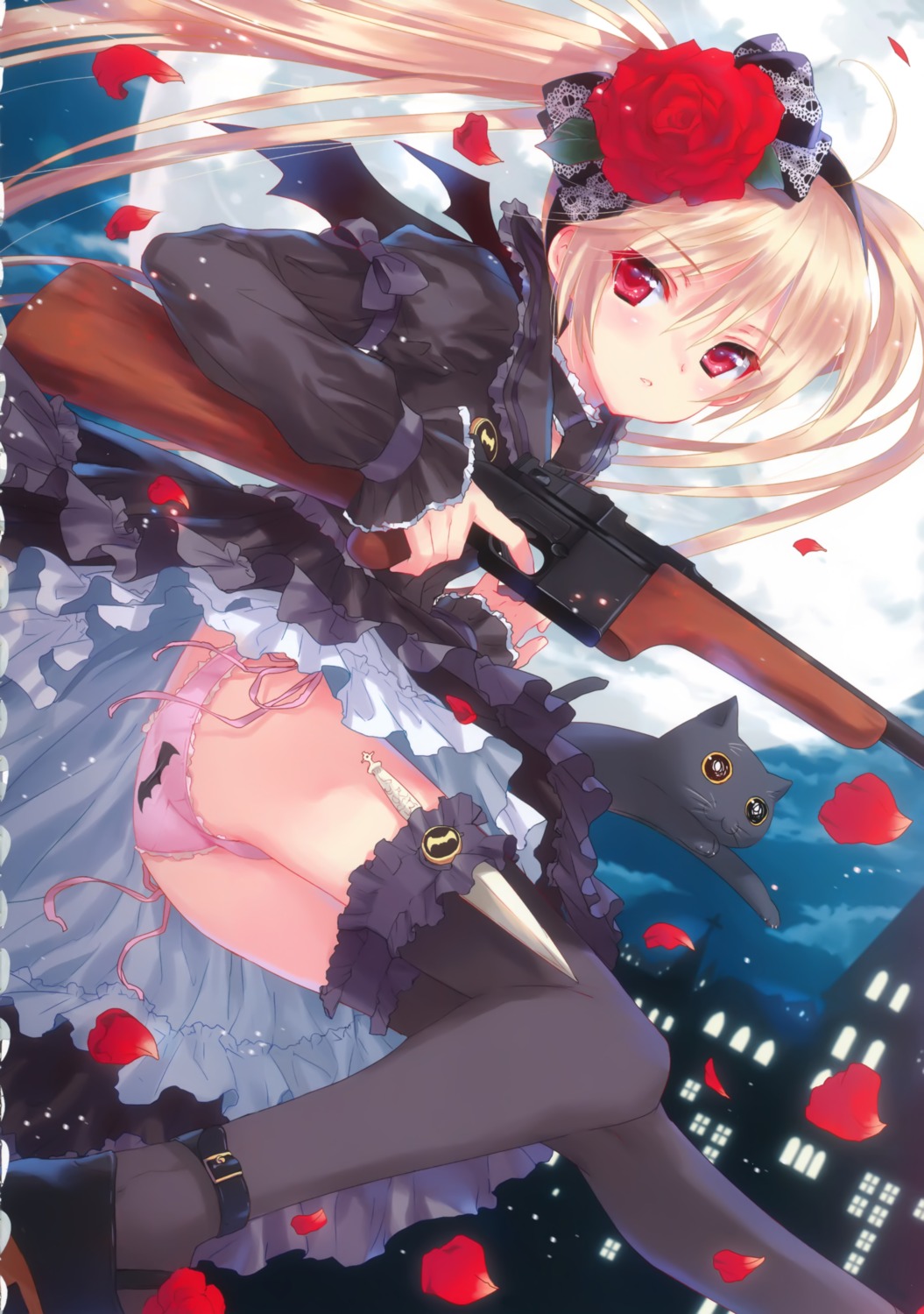 ass garter gothic_lolita gun kasukabe_akira lolita_fashion neko pantsu string_panties thighhighs