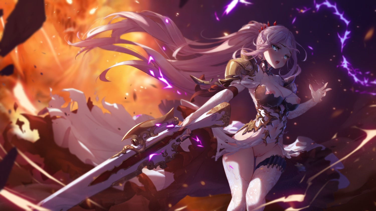 armor garter gun mitsu_(mitsu_art) nipples no_bra nopan pussy skirt_lift tales_of tales_of_arise thighhighs torn_clothes uncensored wallpaper