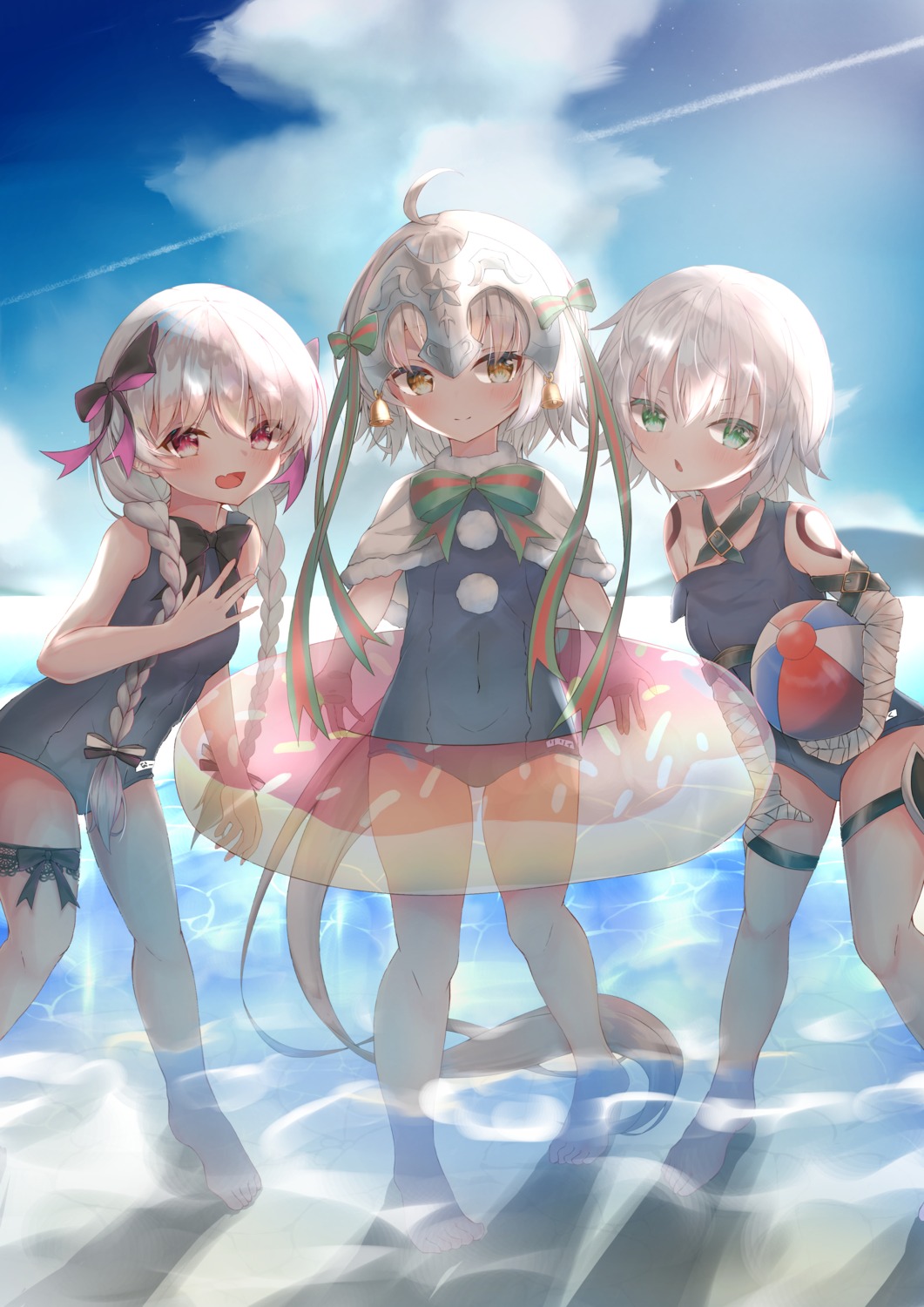 bandages breast_hold fate/grand_order garter jack_the_ripper jeanne_d'arc_alter_santa_lily loli nursery_rhyme_(fate/extra) school_swimsuit swimsuits tattoo wet yougiri_mea