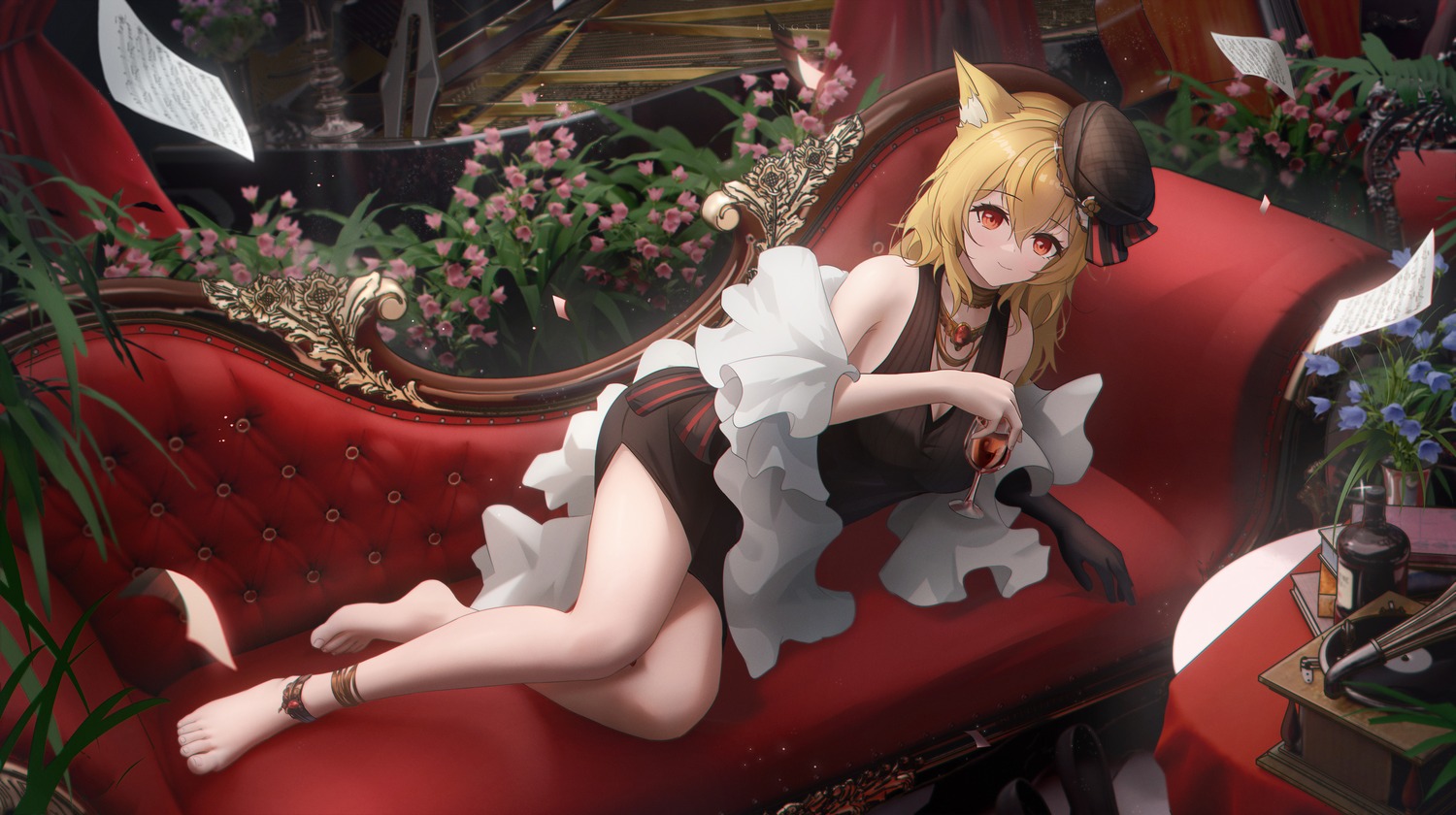 animal_ears arknights cleavage dress feet lingse nekomimi sora_(arknights)