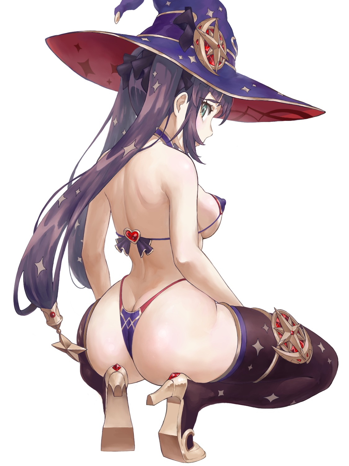 2sen4hyaku ass bikini erect_nipples genshin_impact heels mona_megistus swimsuits thighhighs thong witch