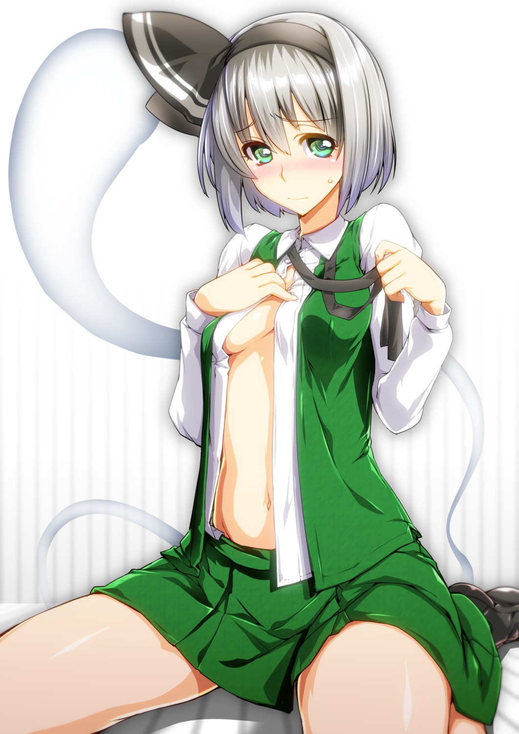 breast_hold ebido konpaku_youmu no_bra open_shirt touhou underboob