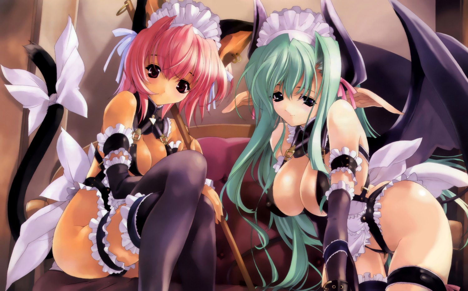 animal_ears cleavage devil erect_nipples garter horns maid miwa_yoshikazu nekomimi pointy_ears tail thighhighs wings