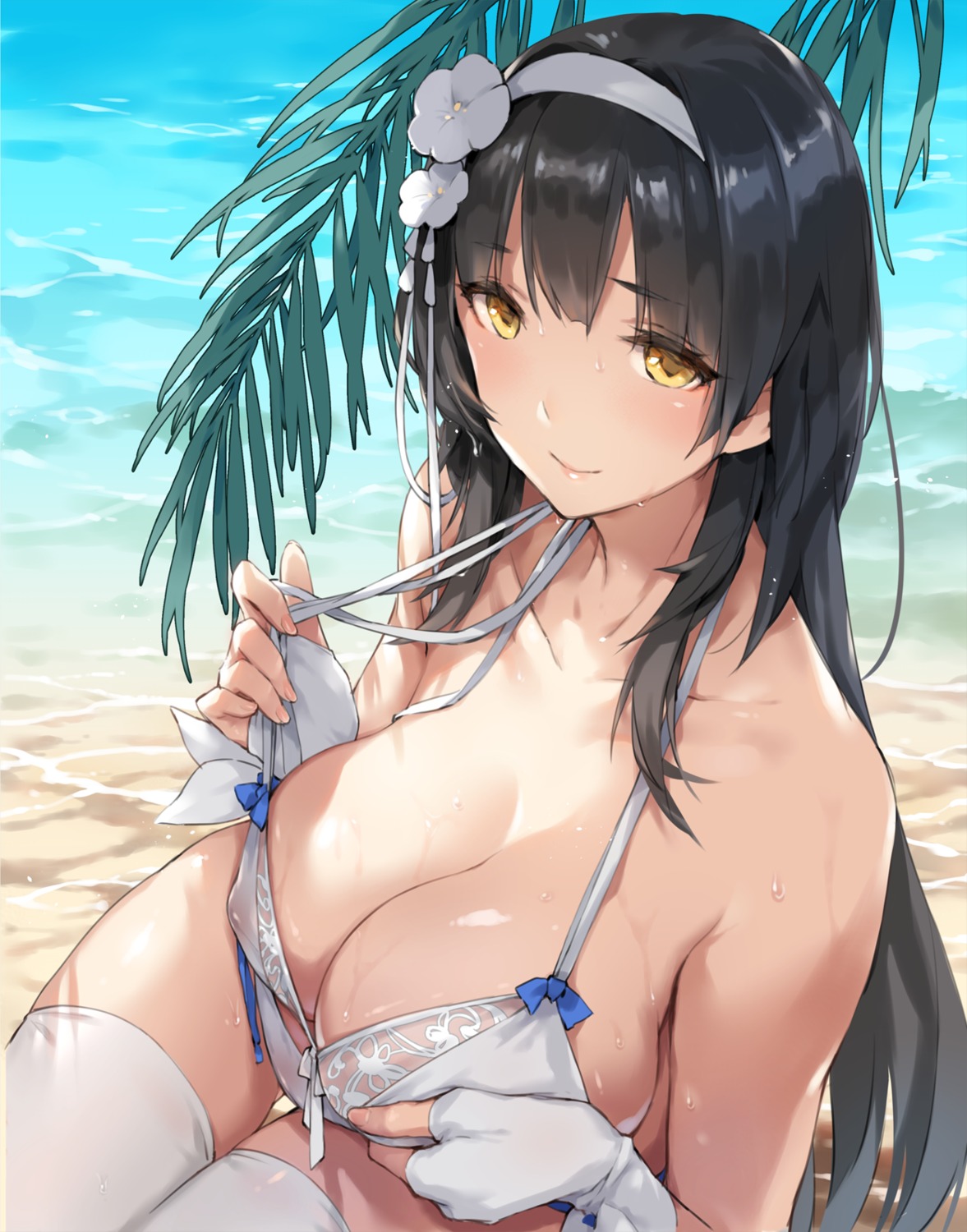 bikini breast_hold erect_nipples girls_frontline qbz-95_(girls_frontline) swimsuits thighhighs undressing xie_yizhen