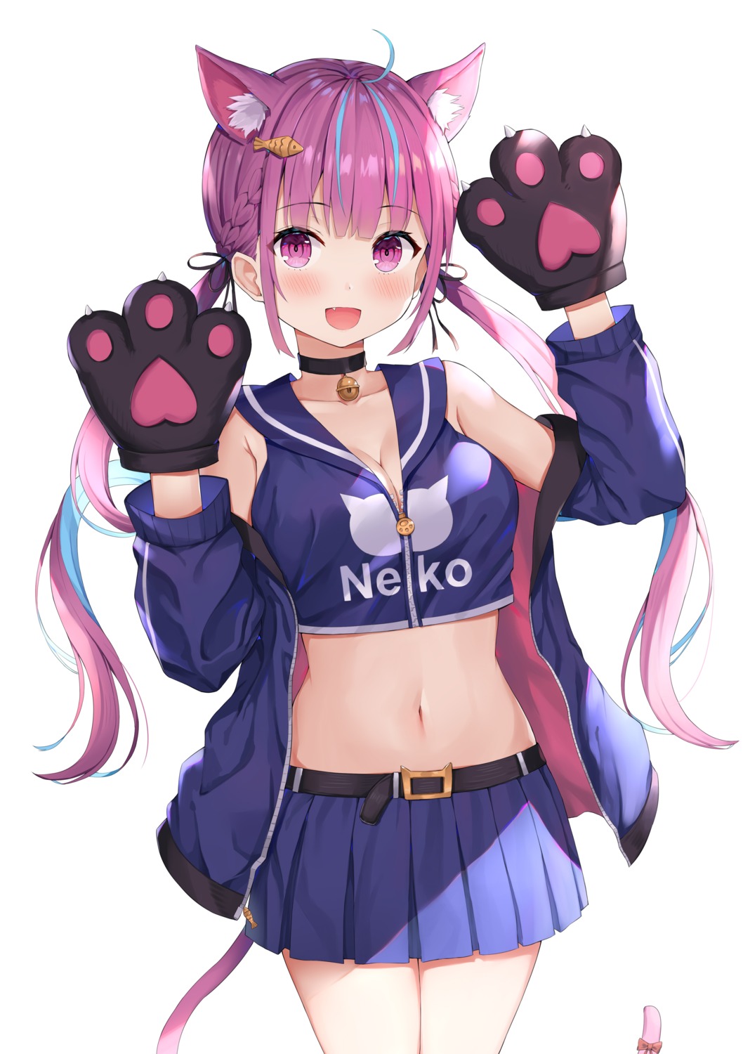 animal_ears cleavage hololive kizuna minato_aqua nekomimi open_shirt tail