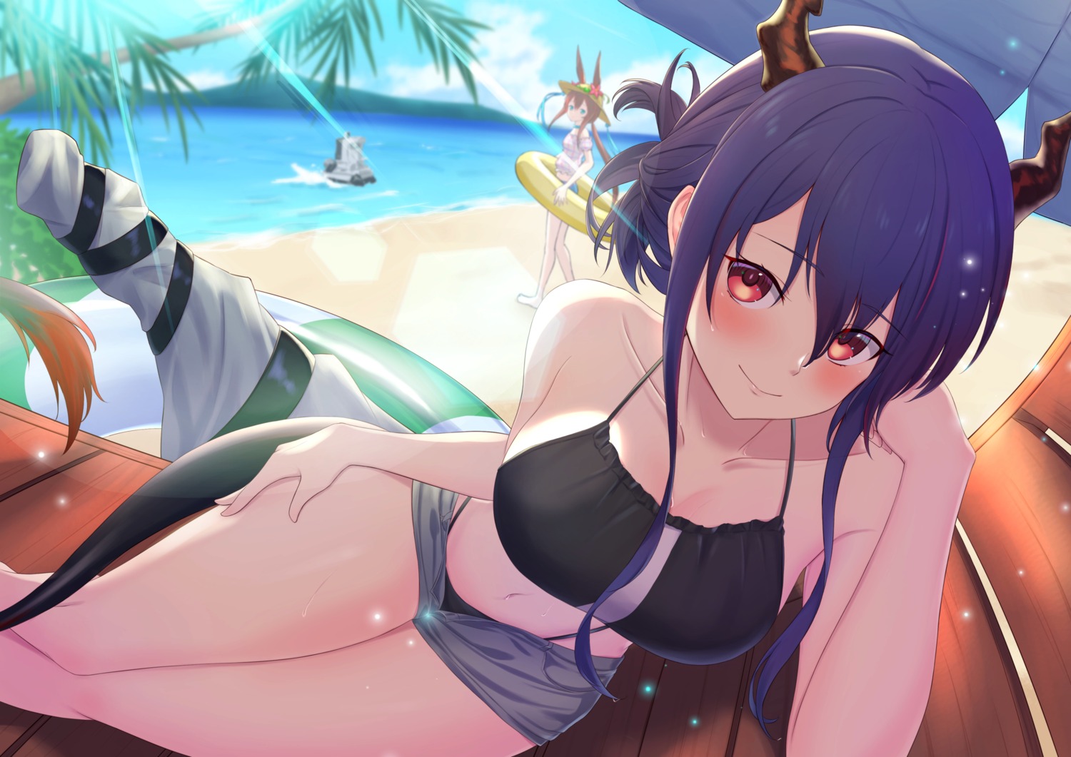 amiya_(arknights) animal_ears arknights bikini bunny_ears ch'en_(arknights) cleavage cocoablue23 horns swimsuits tail