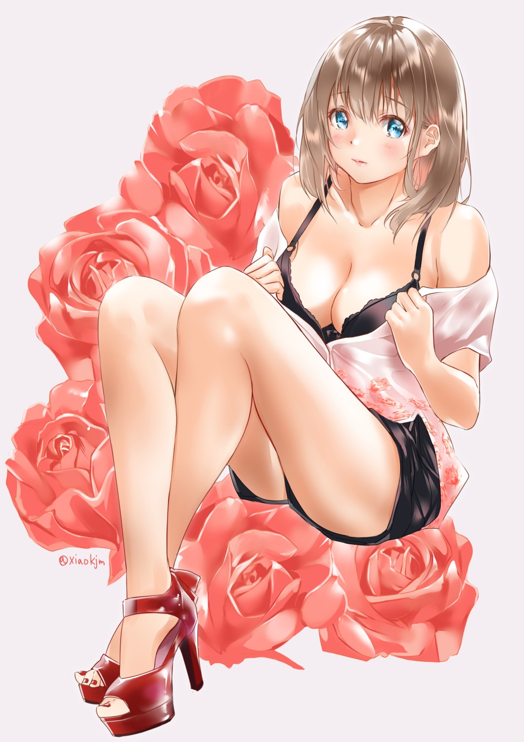 bra cleavage heels koji_(kojikojimdw) open_shirt undressing