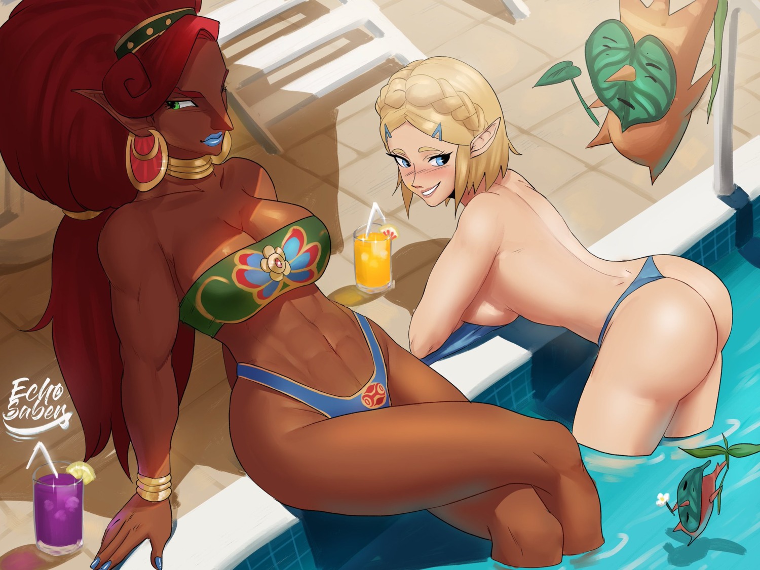 ass bikini cleavage echo_saber elf pointy_ears princess_zelda swimsuits the_legend_of_zelda the_legend_of_zelda:_breath_of_the_wild thong topless urbosa wet