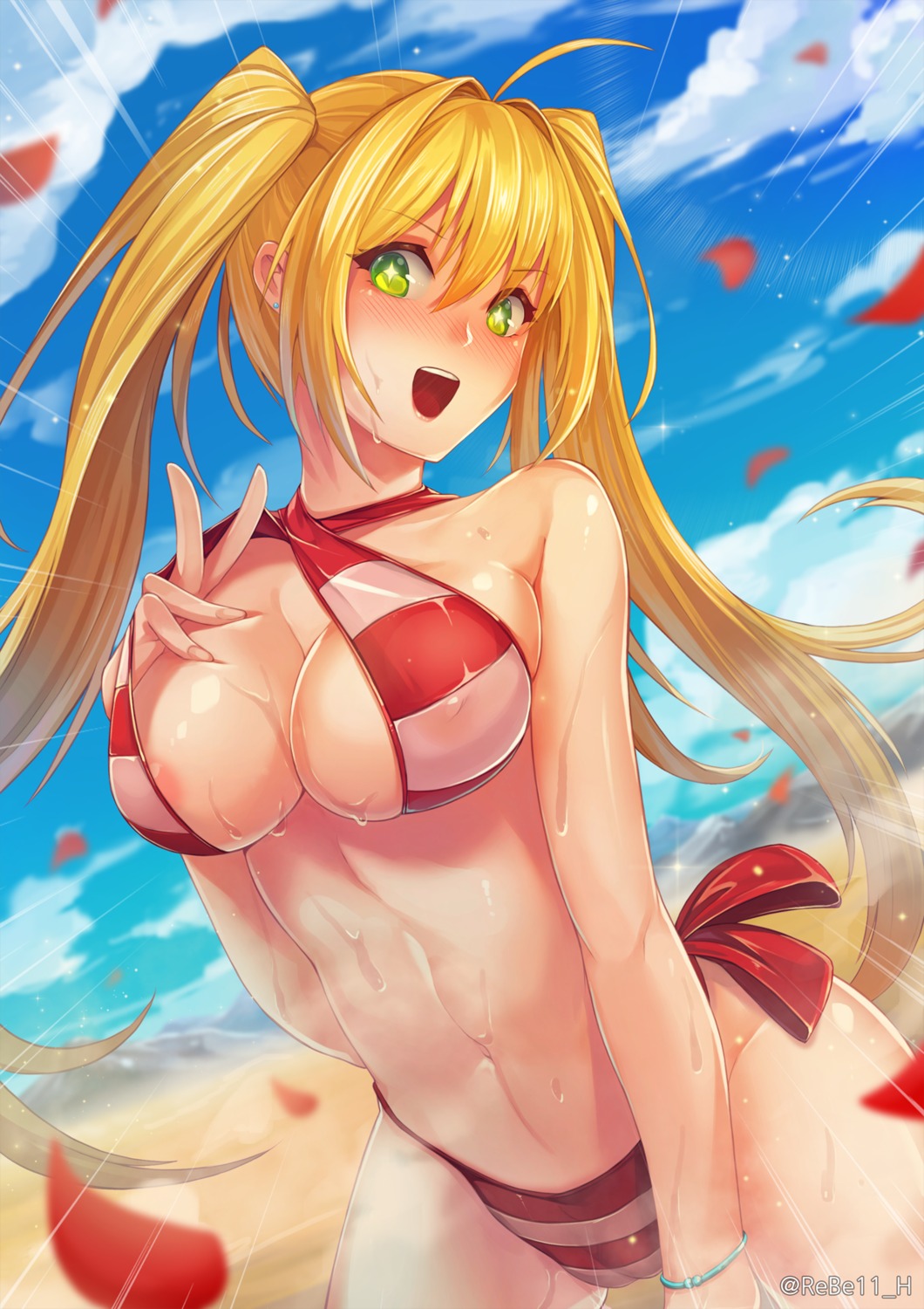 areola bikini cameltoe erect_nipples fate/grand_order rebe11 saber_extra see_through swimsuits wet