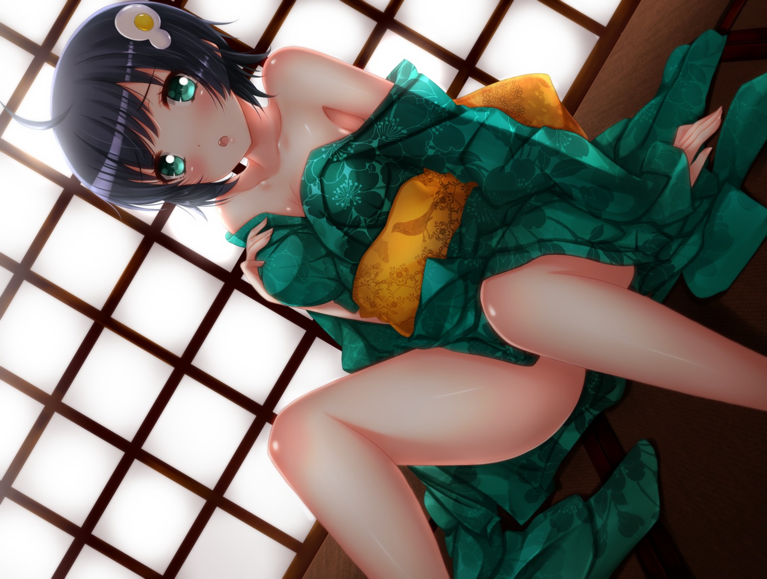araragi_tsukihi bakemonogatari breast_hold cleavage kimono no_bra open_shirt swordsouls
